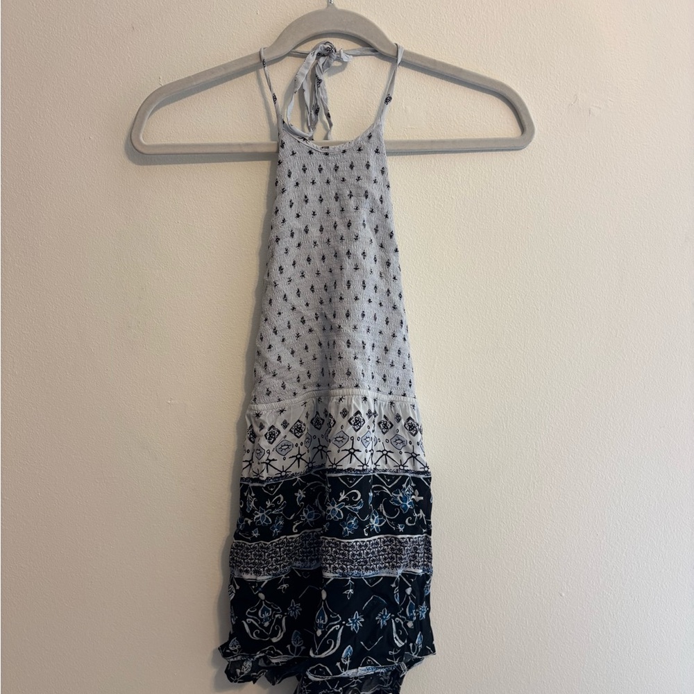 Boho Halter Paisley Print Romper - Light Gray and Navy